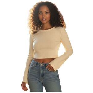 Band of the Free Long Sleeve Cream Ribbed Crop Open Back New S